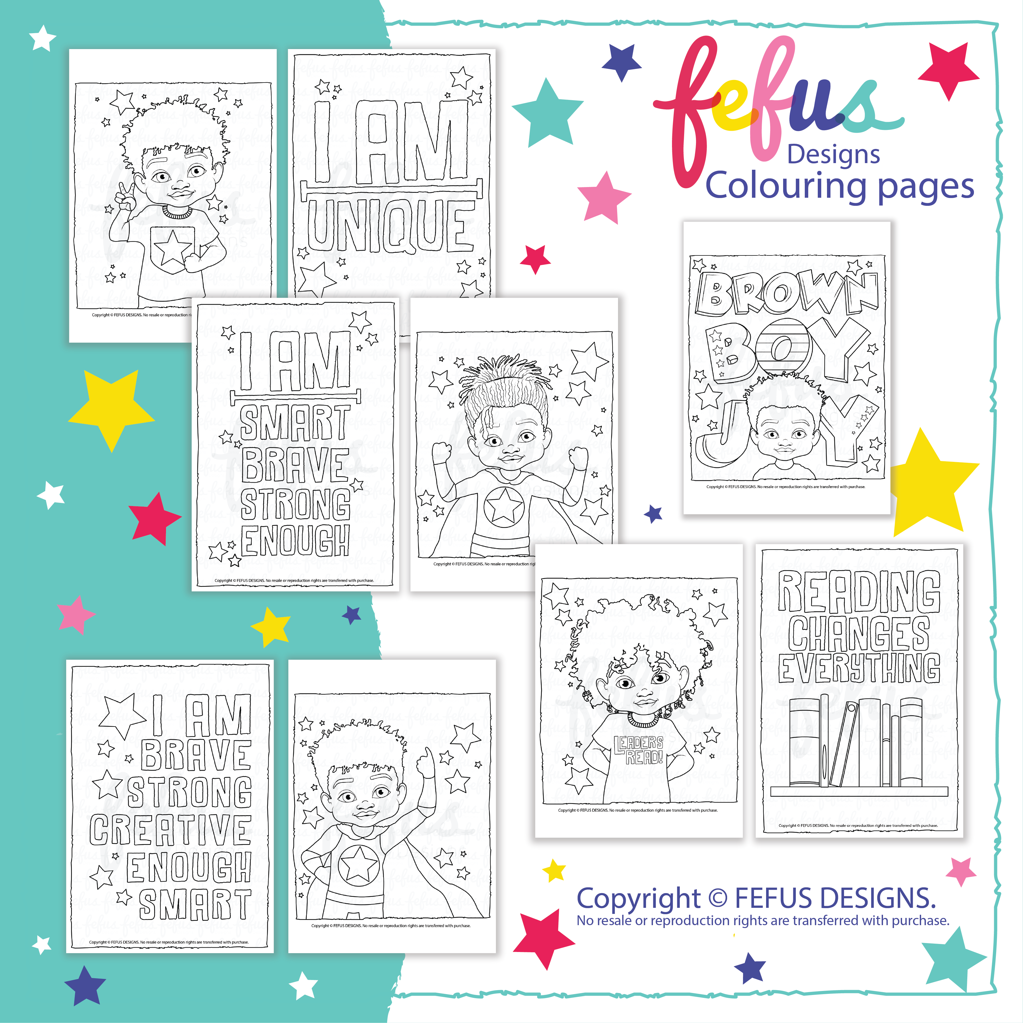 Illustration Preview of Empowering Boys' Colouring Pages – A set of 9 black-and-white colouring pages featuring diverse young boys with positive affirmations, designed to inspire confidence and creativity.