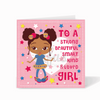 Black Girls Affirmation Birthday Card: A birthday card featuring a Black girl with afro puffs against a pink background.