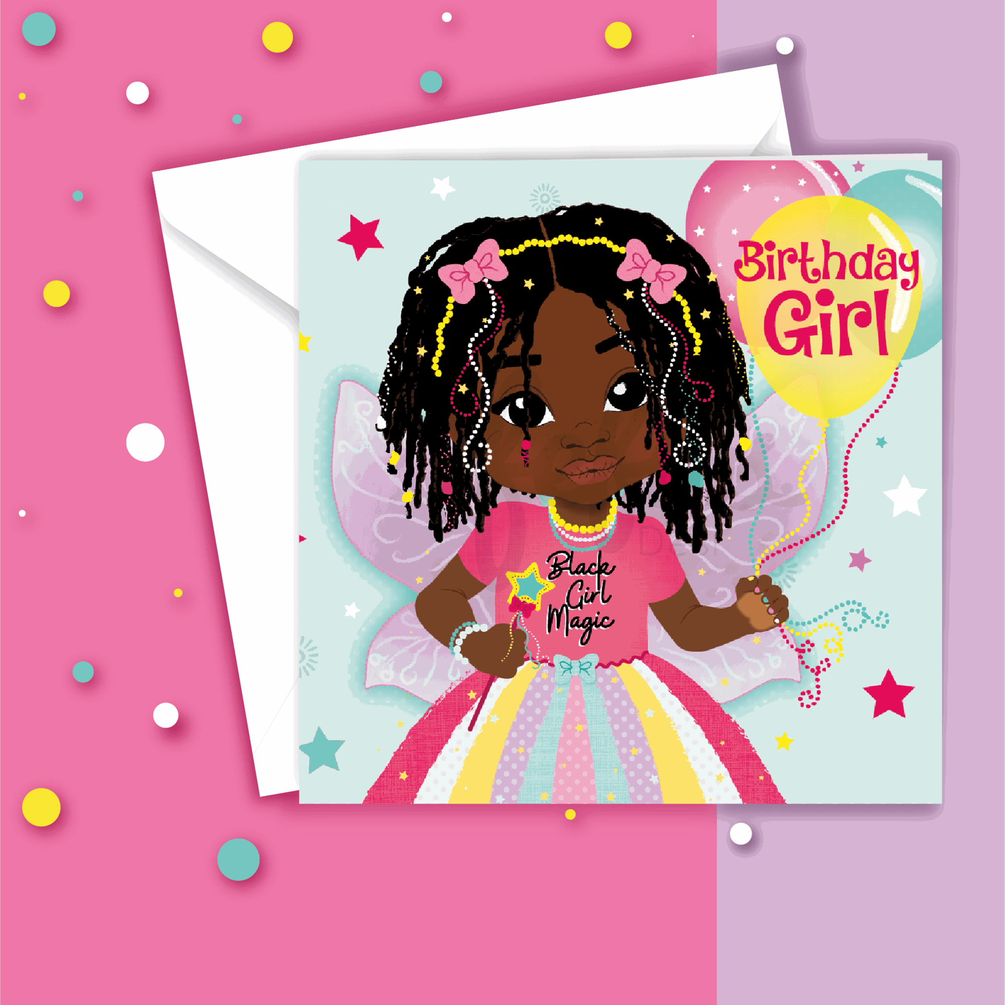 A birthday card featuring a brown girl with dreadlocks and fairy wings. The card reads "Happy Birthday". 