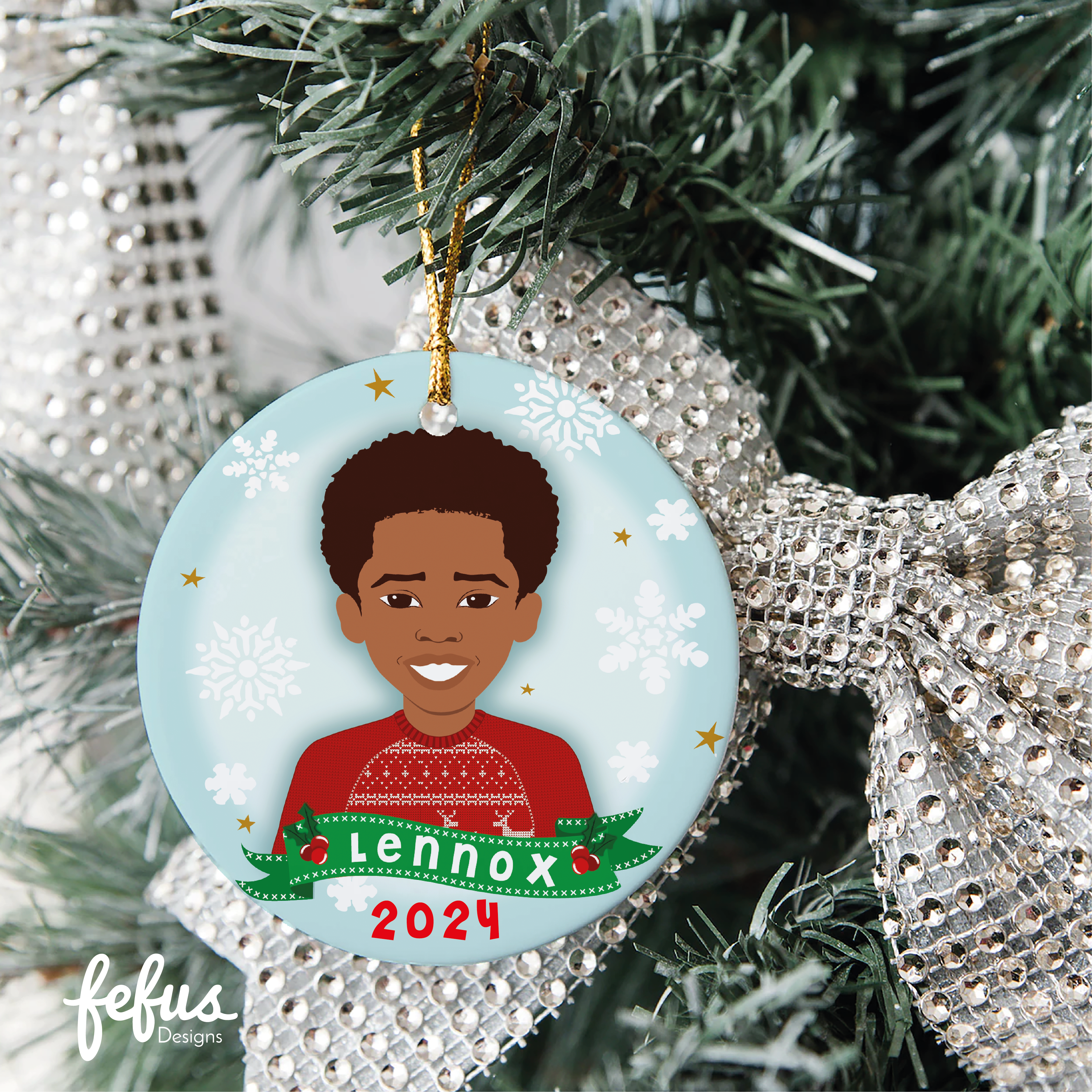 Personalised 2024 Brown Boy Joy Christmas Bauble | Fefus Designs