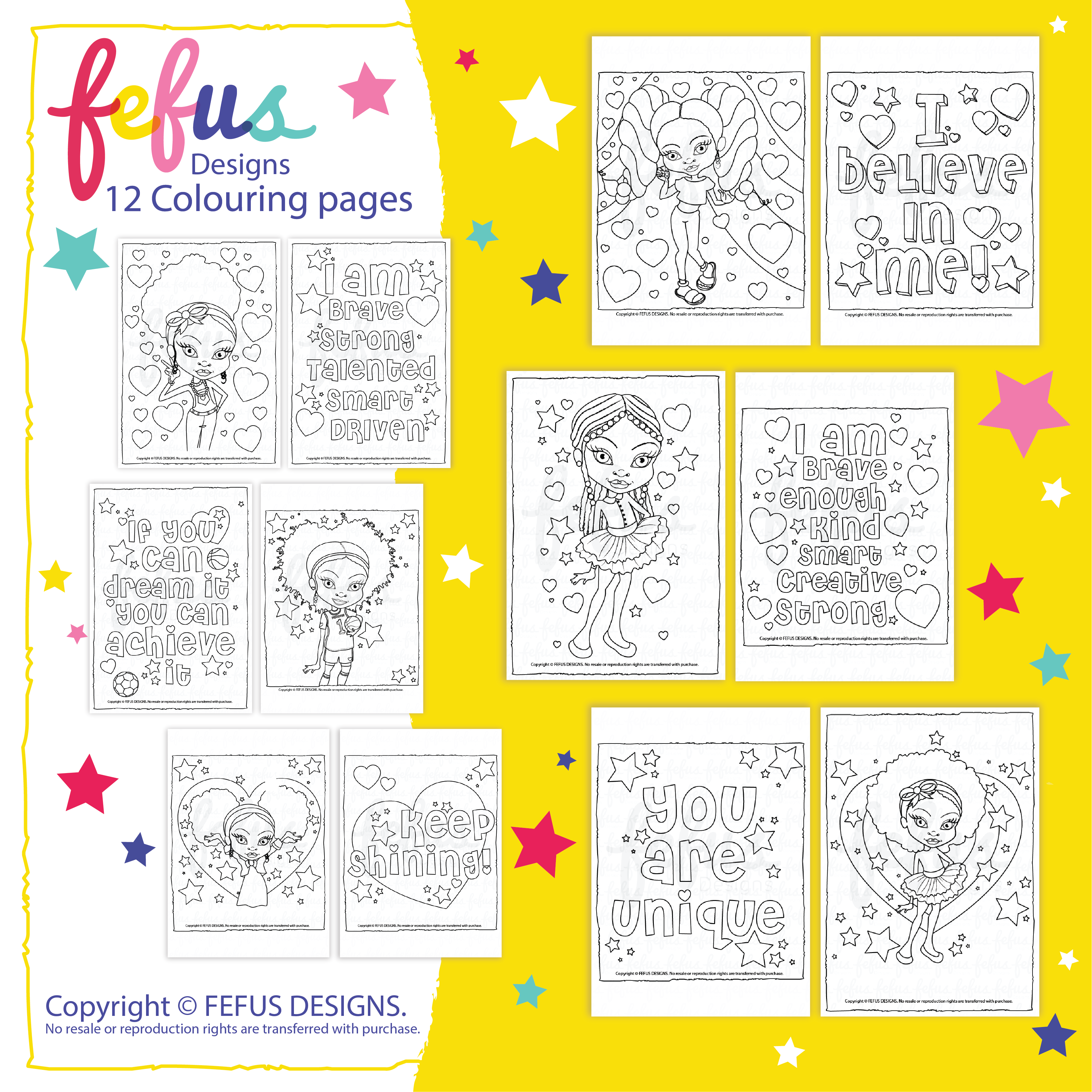 Empowering Older Girls' Colouring Pages – Pack of 12 | Fefus Designs