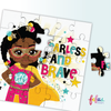 A premium wooden jigsaw puzzle featuring a black girl superhero in a pink outfit with gold stars, inspiring confidence and imaginative play.