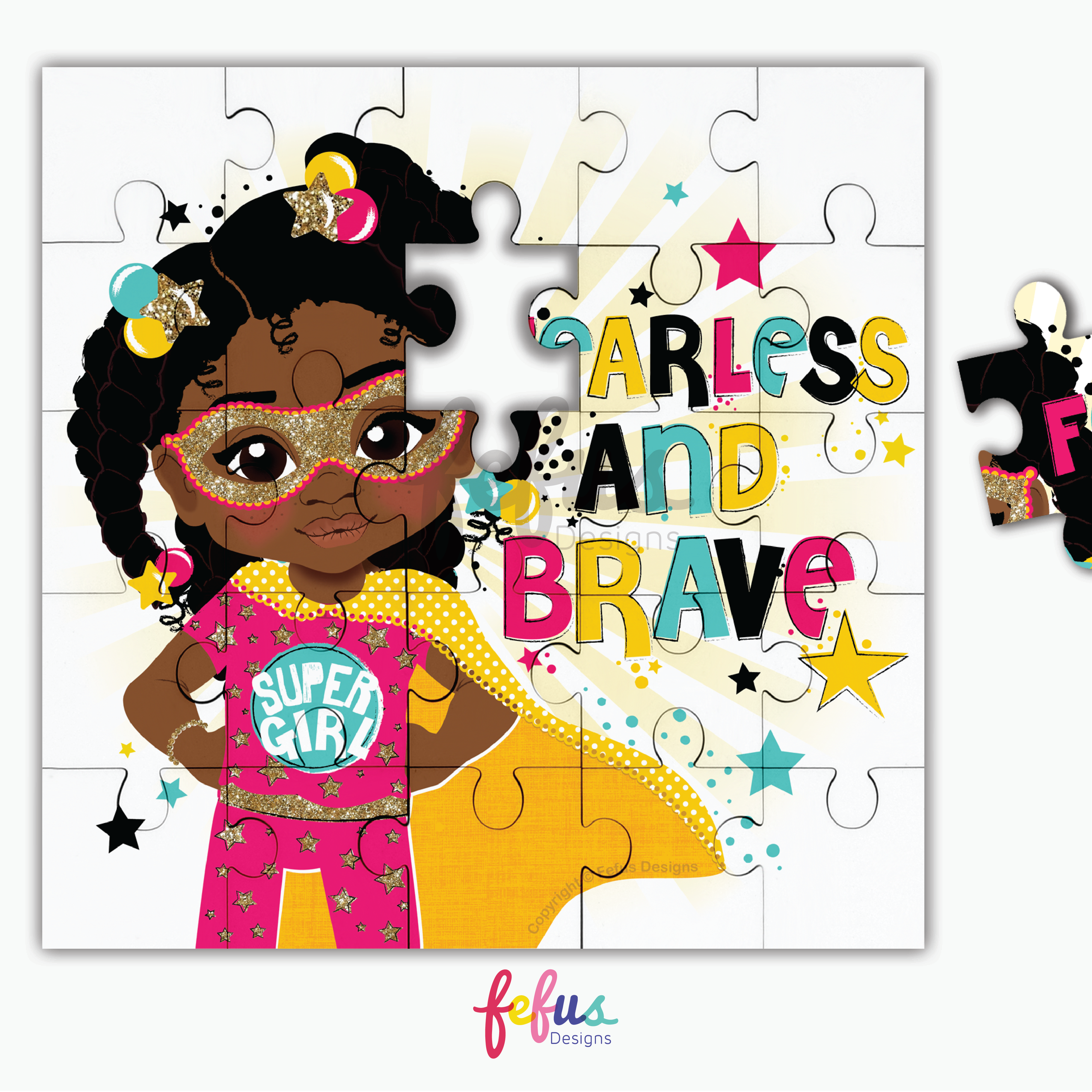 A vibrant children’s puzzle celebrating representation and empowerment, featuring a brave black girl superhero with the message "Fearless and Brave."