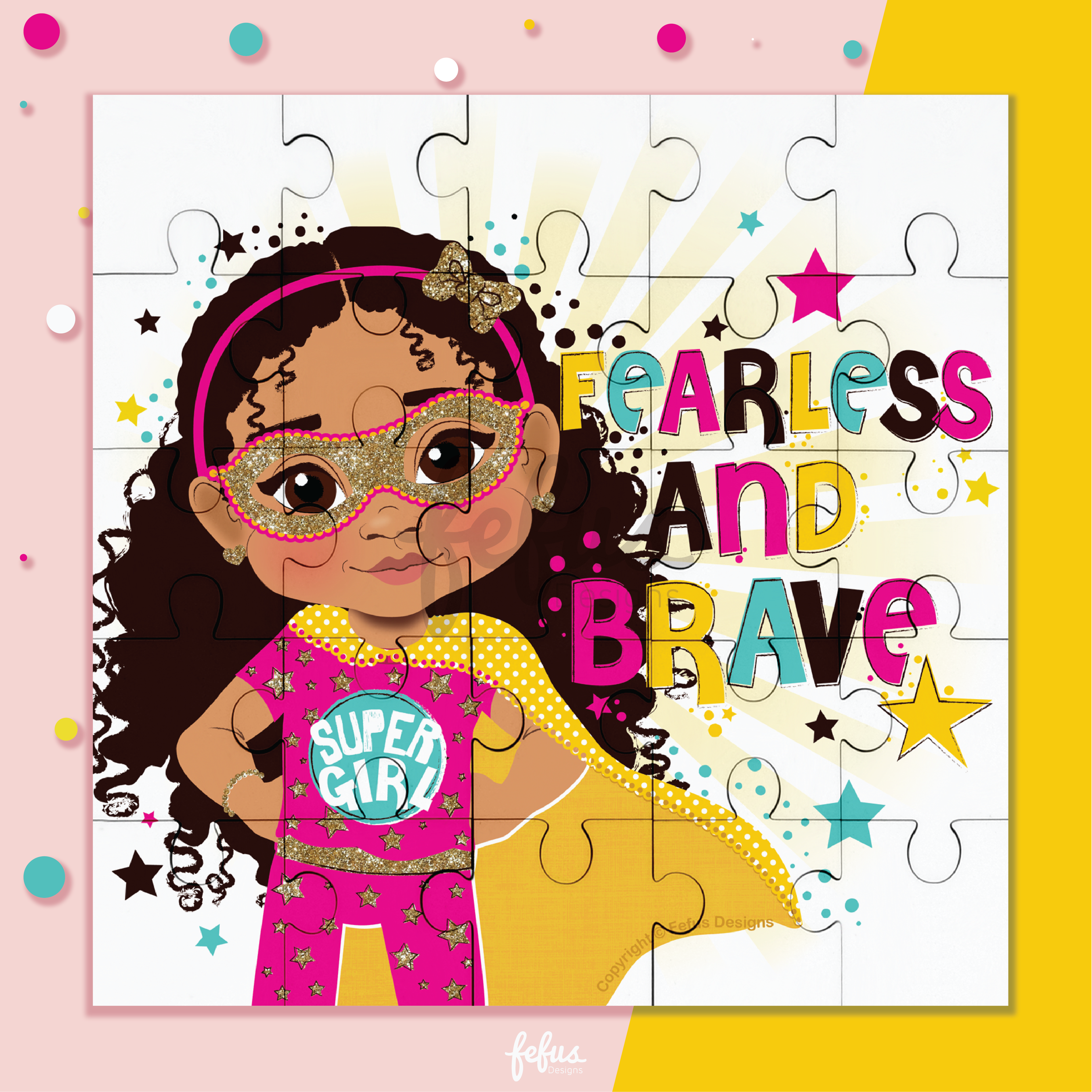 A 25-piece wooden puzzle showcasing a biracial superhero girl with curly hair and a bold "Super Girl" emblem, promoting diversity in play.