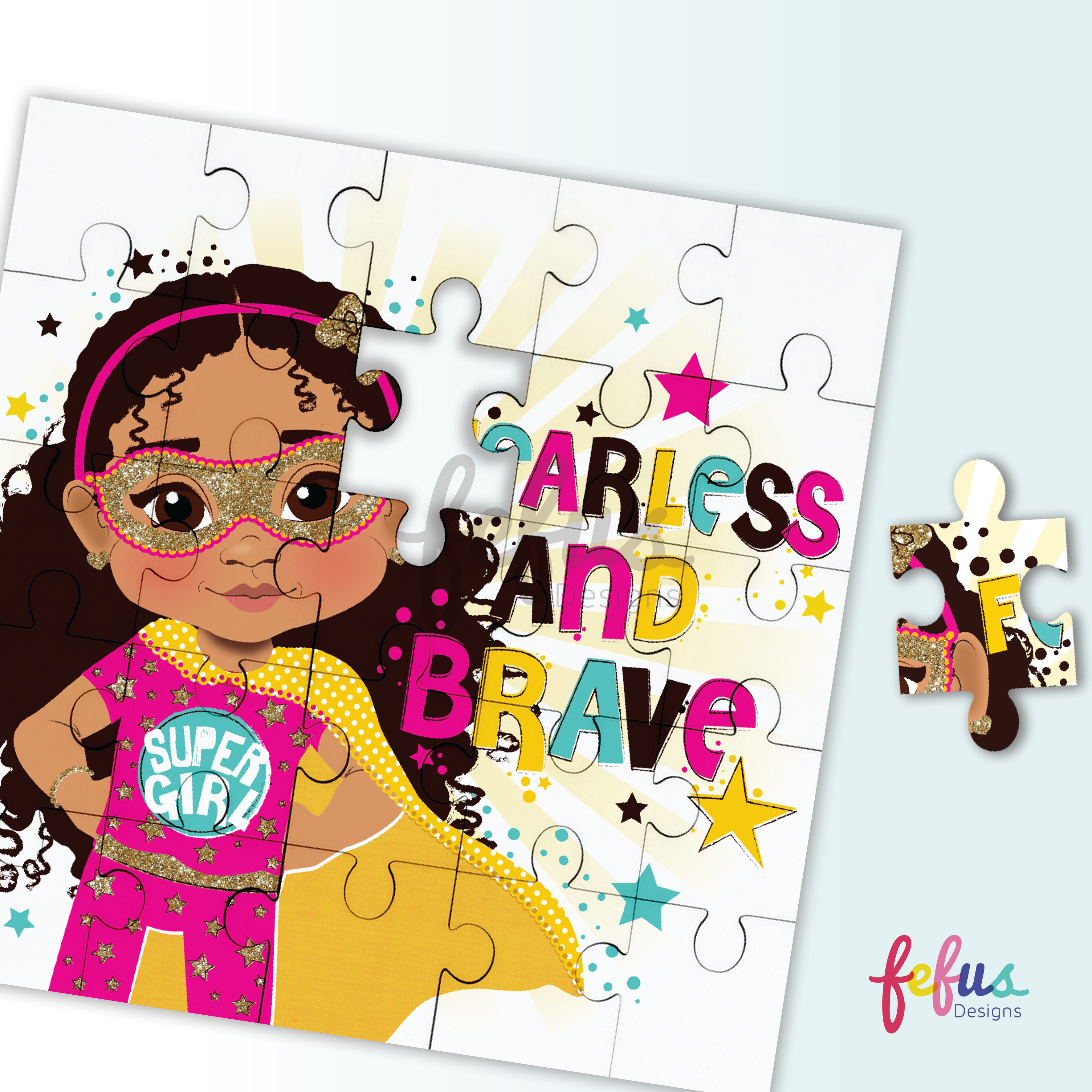 A colourful children’s puzzle celebrating representation, featuring a black and brown girl superhero with a fearless and brave message.