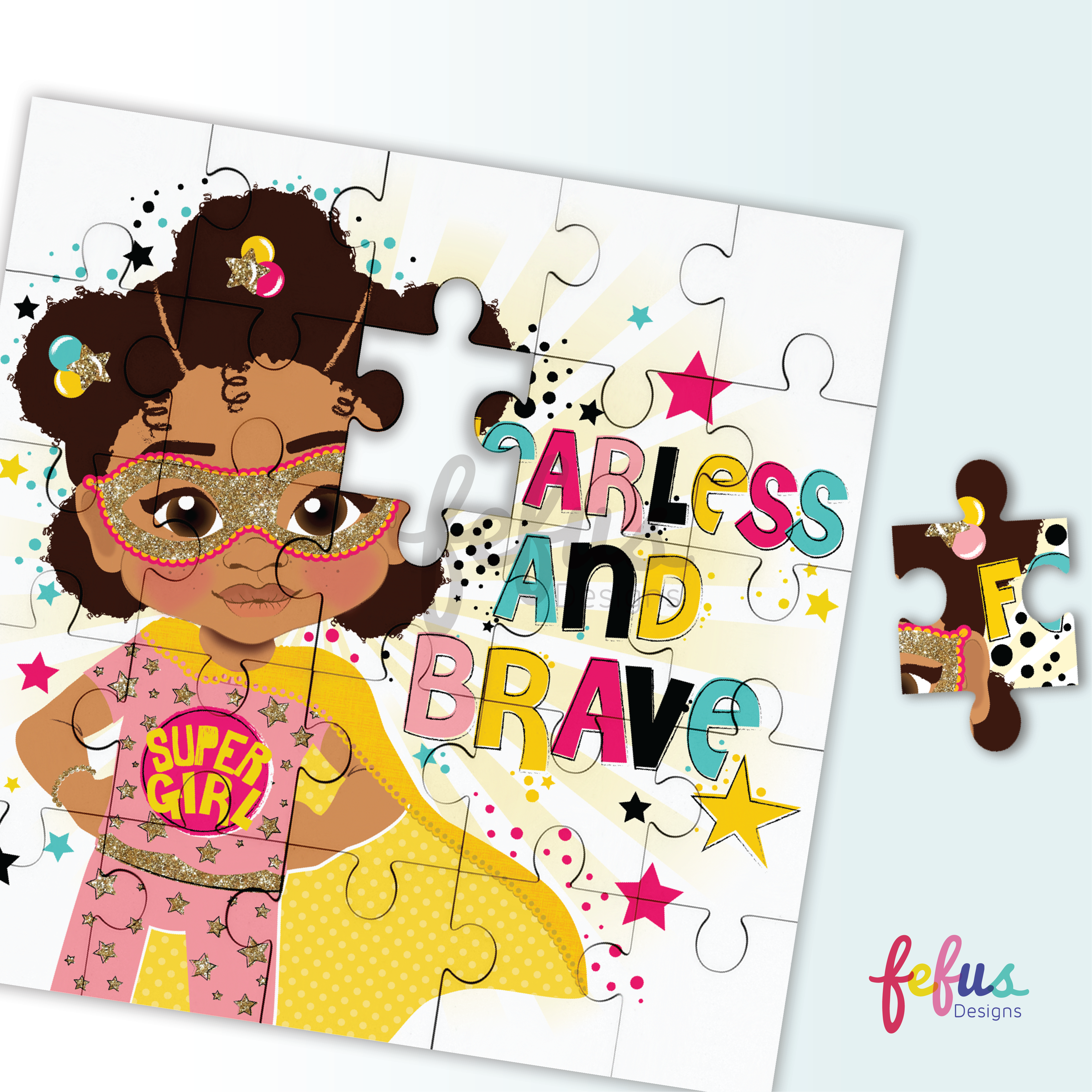 A premium wooden jigsaw puzzle featuring a brown girl superhero in a pink outfit with gold stars, inspiring confidence and imaginative play.