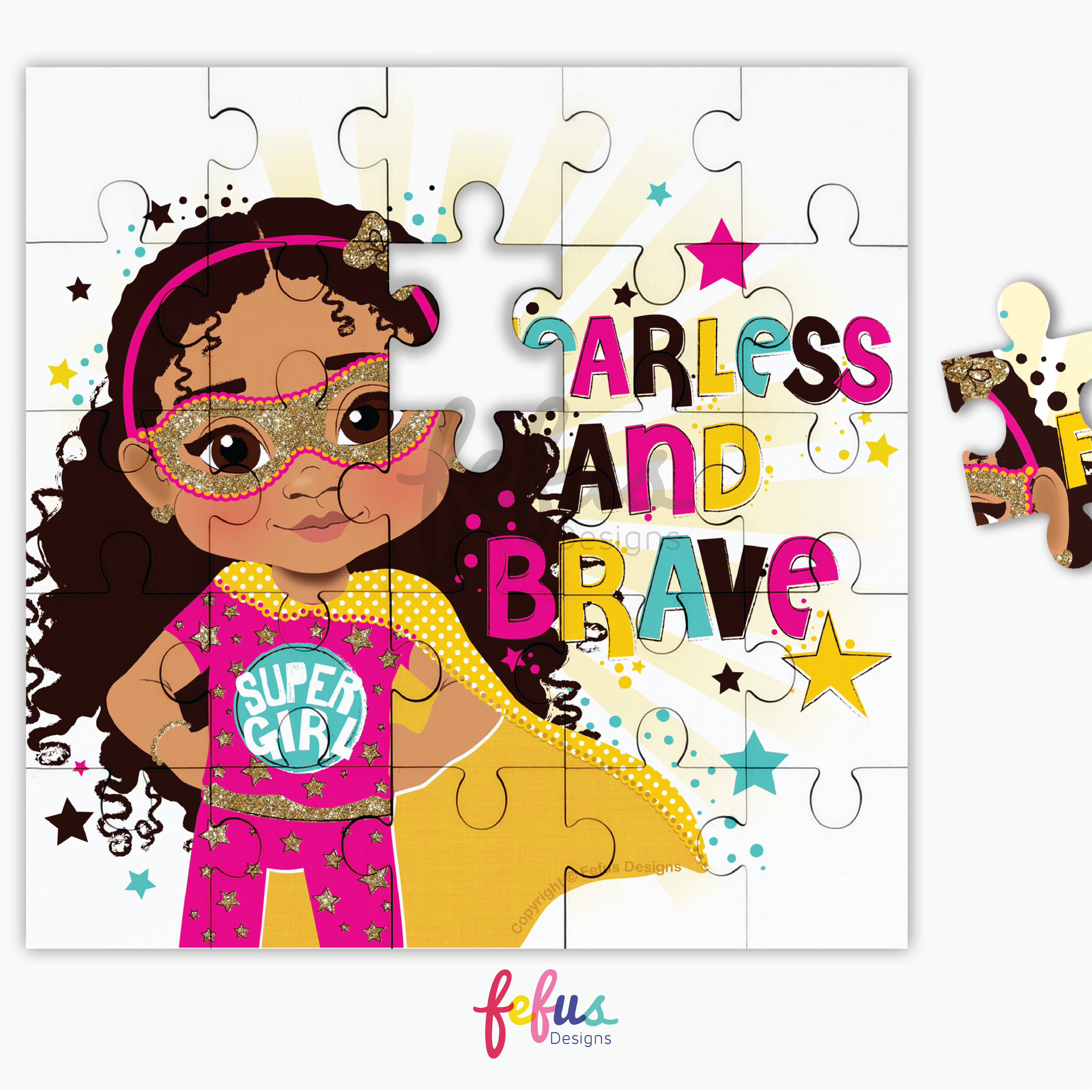 A premium wooden jigsaw puzzle featuring a mixed-race girl superhero in a pink outfit with gold stars, designed to inspire confidence and fun.