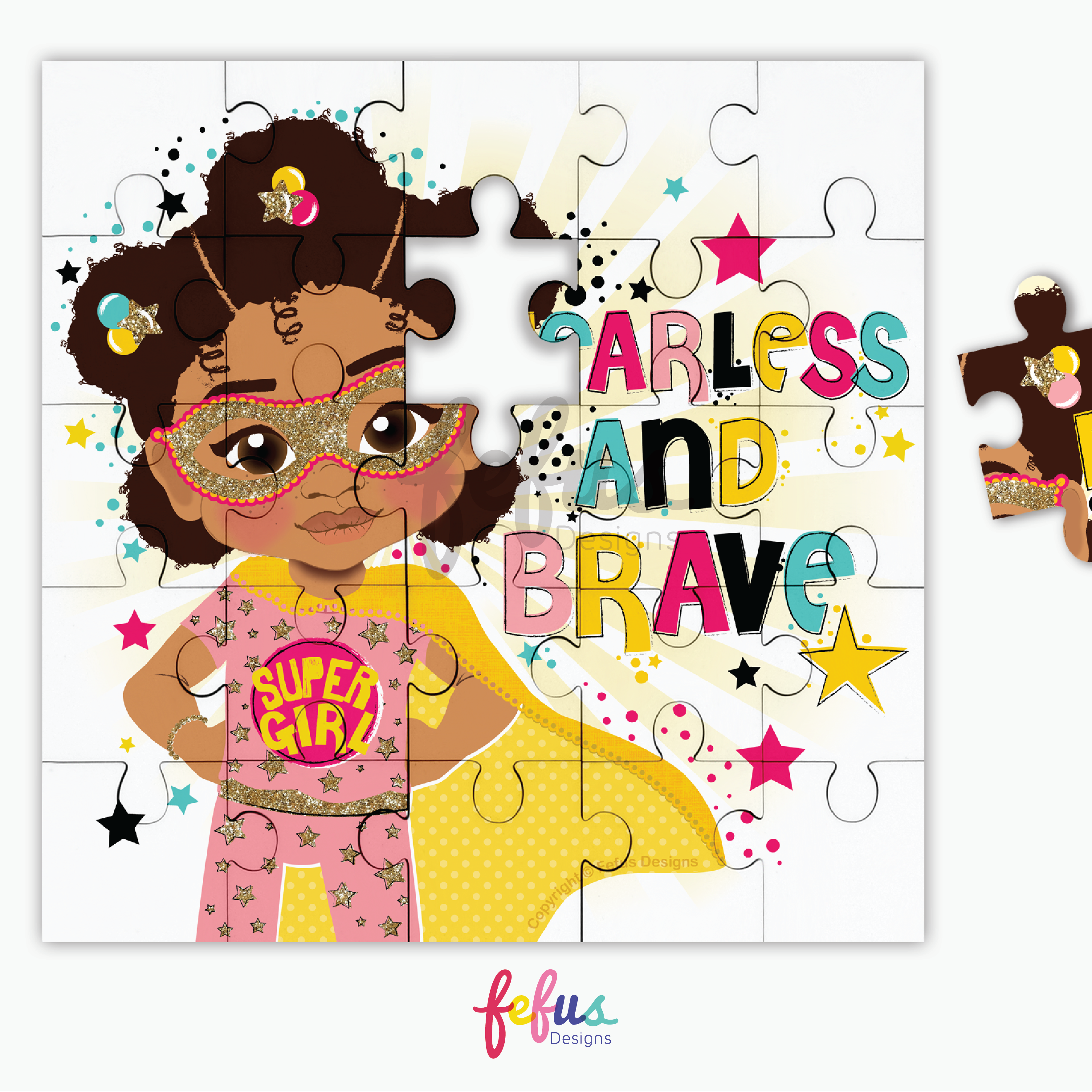 A vibrant children’s puzzle celebrating representation and empowerment, featuring a brave brown girl superhero with the message "Fearless and Brave."