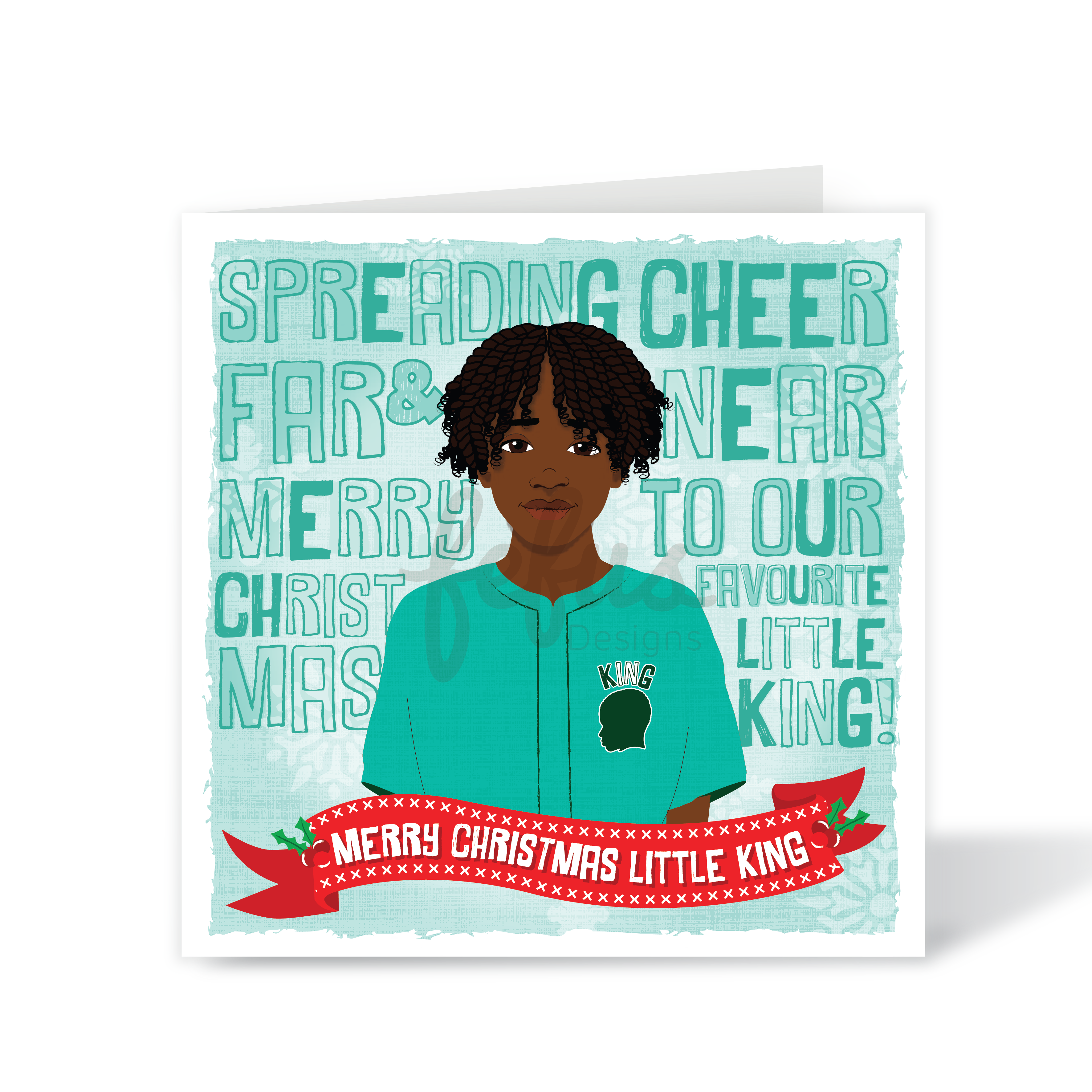 Charming holiday card showcasing a Black boy with a warm “Merry Christmas Little King” message for diverse celebrations.