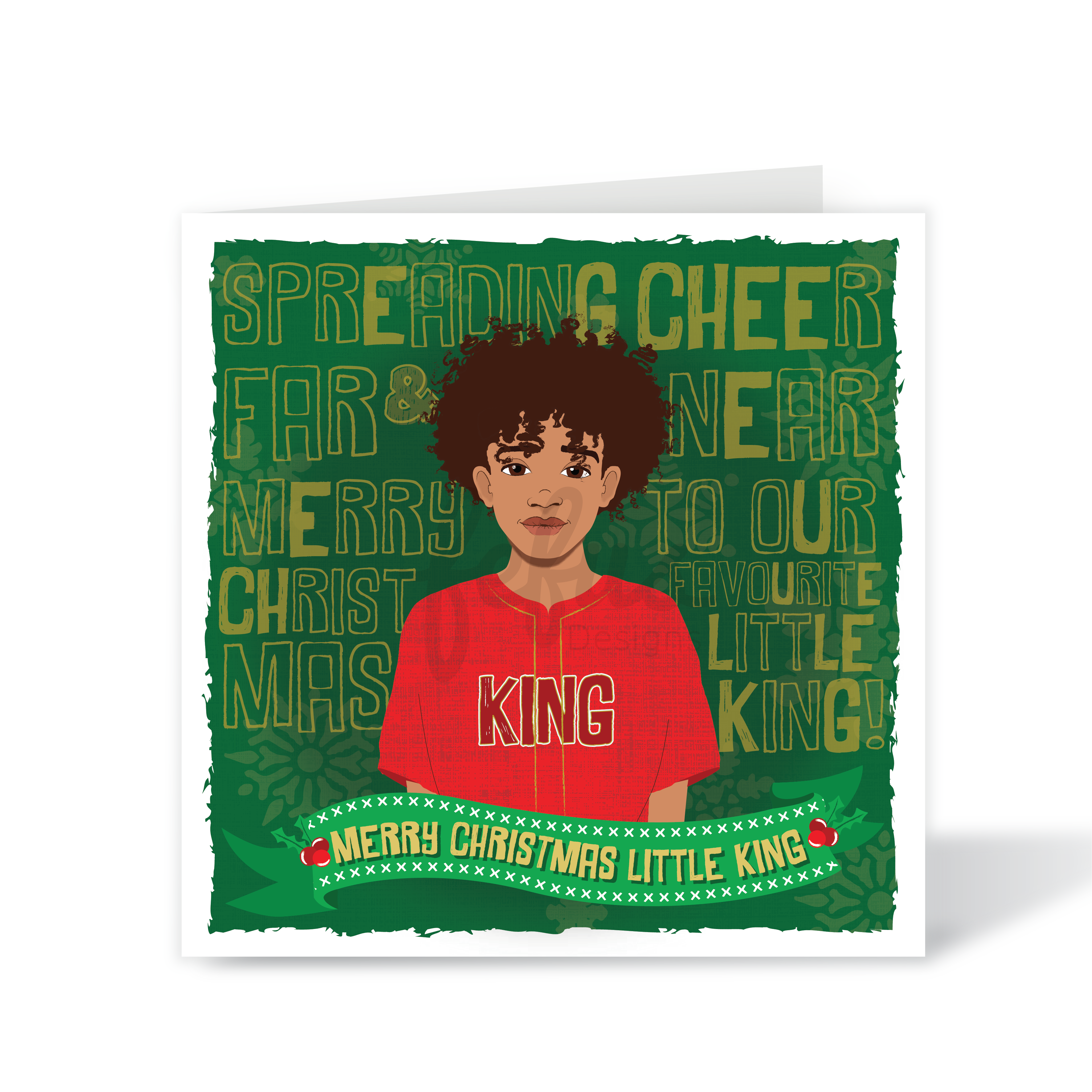 Biracial Boy Christmas Card showcasing a joyful boy illustration with a festive design for diverse holiday celebrations.