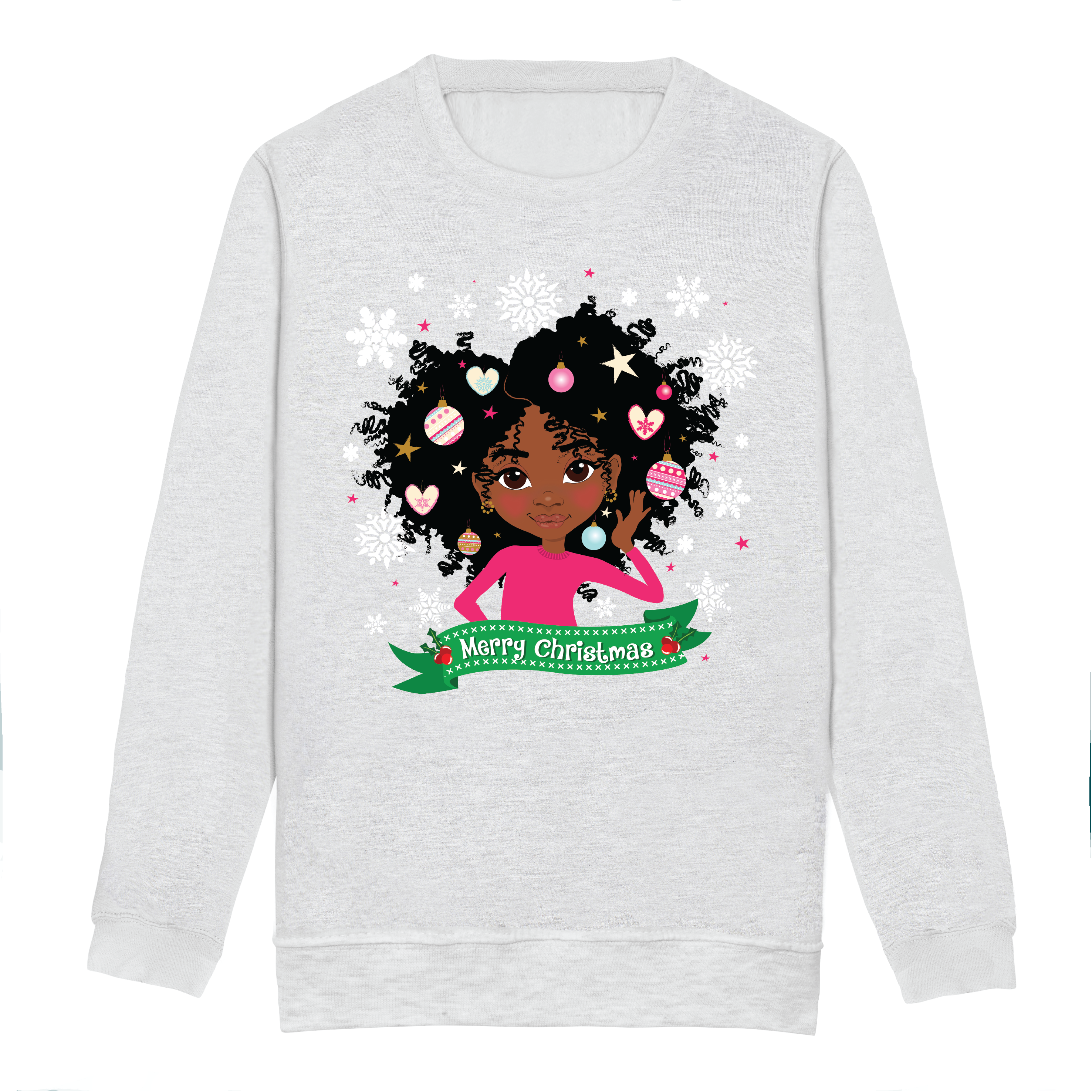 Front view of a grey children’s Christmas sweatshirt by Fefus Designs, featuring an illustrated black girl with an afro decorated for the festive season with Christmas ornaments and stars. Crafted from soft cotton-faced fabric with ribbed collar, cuffs, and hem for a comfortable holiday wear that promotes representation.