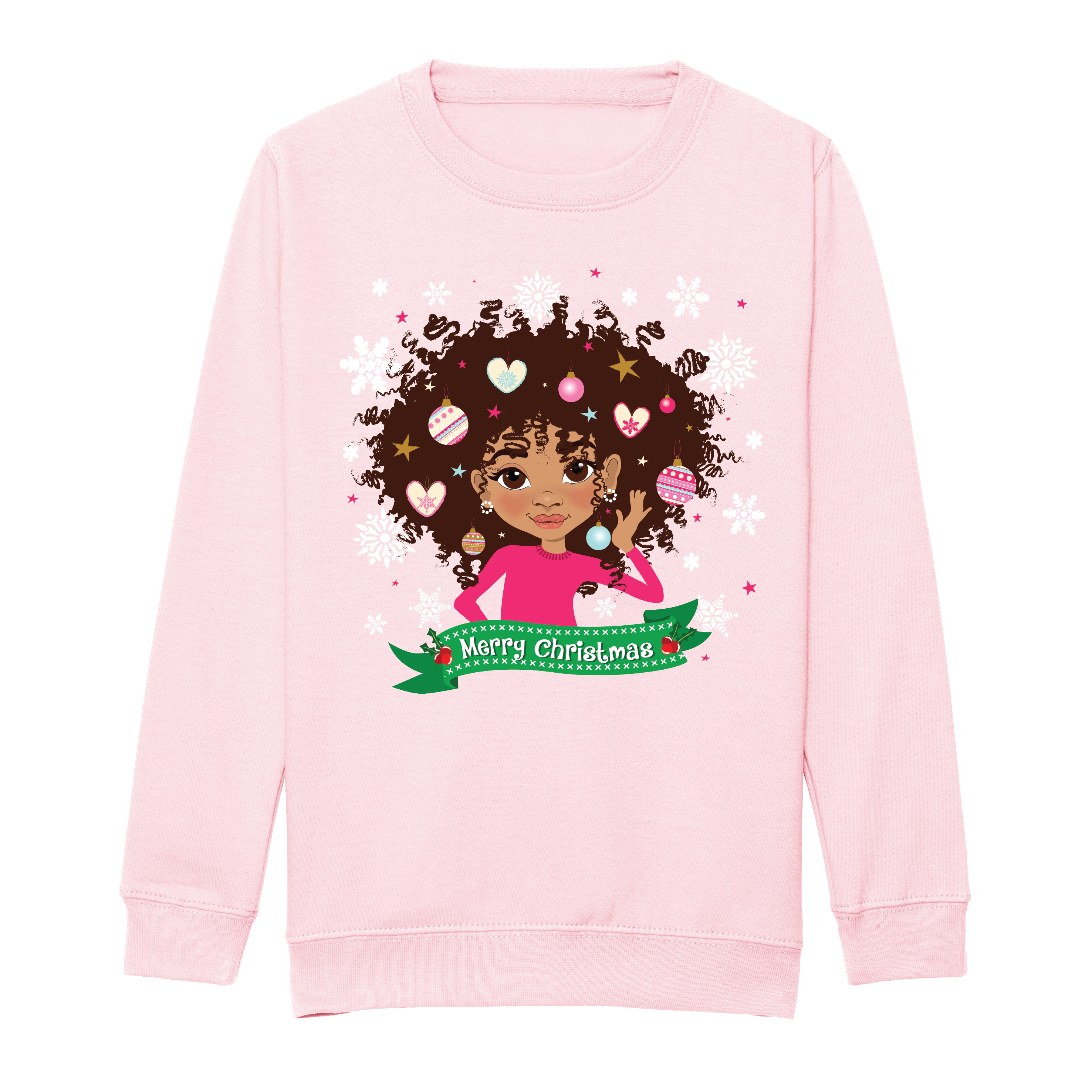 Front view of a pink children’s Christmas sweatshirt by Fefus Designs, featuring a beautifully illustrated mixed-race girl with a festive afro adorned in Christmas decorations, including ornaments, and stars. Made from soft cotton-faced fabric with ribbed collar, cuffs, and hem for comfort and warmth, this sweatshirt celebrates diversity and inclusivity.