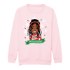 Front view of a pink children’s Christmas sweatshirt by Fefus Designs, featuring an illustration of a Black Rasta girl with locs, wearing a holly headband and a festive jumper. Made from soft cotton fabric with ribbed collar, cuffs, and hem, celebrating Black girl magic.