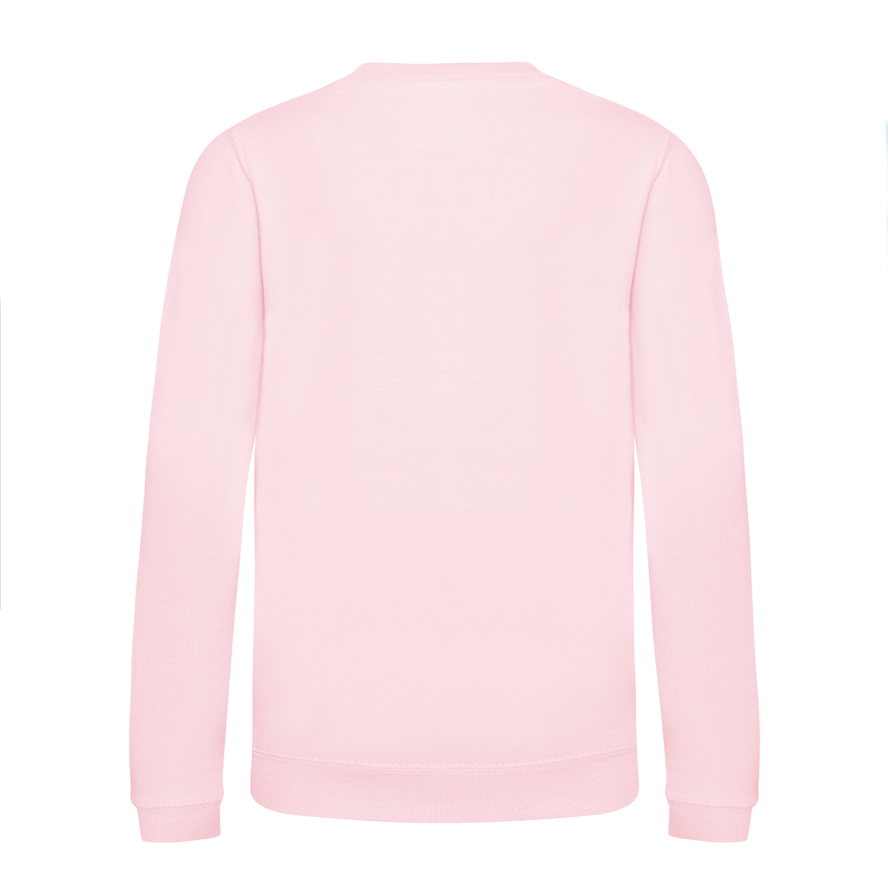 Back view of a pink children’s Christmas sweatshirt by Fefus Designs, showcasing a plain back with soft cotton-faced fabric and ribbed detailing at the collar, cuffs, and hem for a cosy fit. The ideal festive piece to complement the illustrated front design.