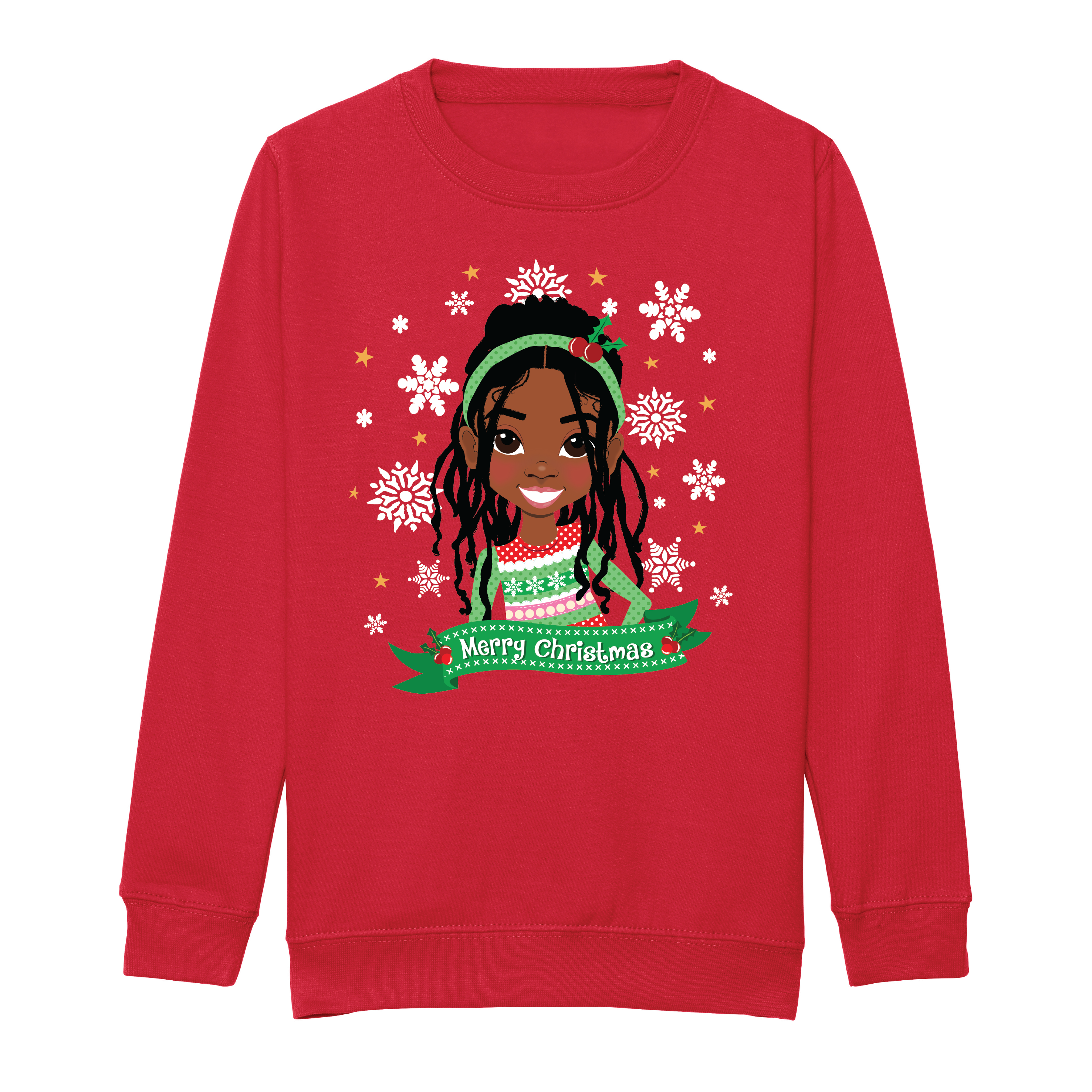 Front view of an red children’s Christmas sweatshirt by Fefus Designs, showcasing an illustrated Black Rasta girl with locs adorned with a holly headband and Christmas jumper. Soft, cosy cotton fabric with ribbed details, ideal for holiday celebrations and representing inclusivity.