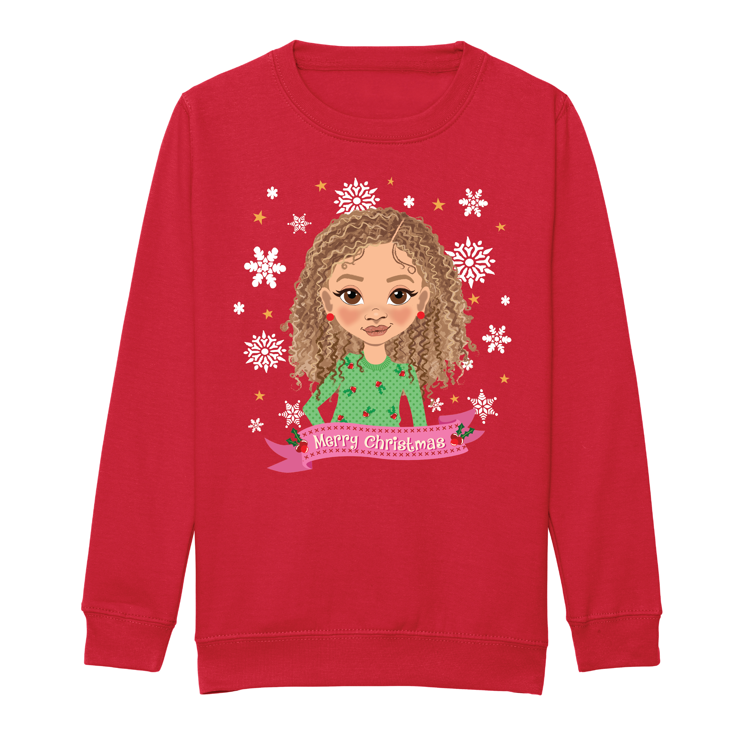 Front view of a red children’s Christmas sweatshirt by Fefus Designs, featuring an illustrated biracial girl with curly hair wearing a red dress decorated with festive holly. Made from soft cotton fabric with ribbed collar, cuffs, and hem for warmth and comfort, celebrating diversity and inclusivity.