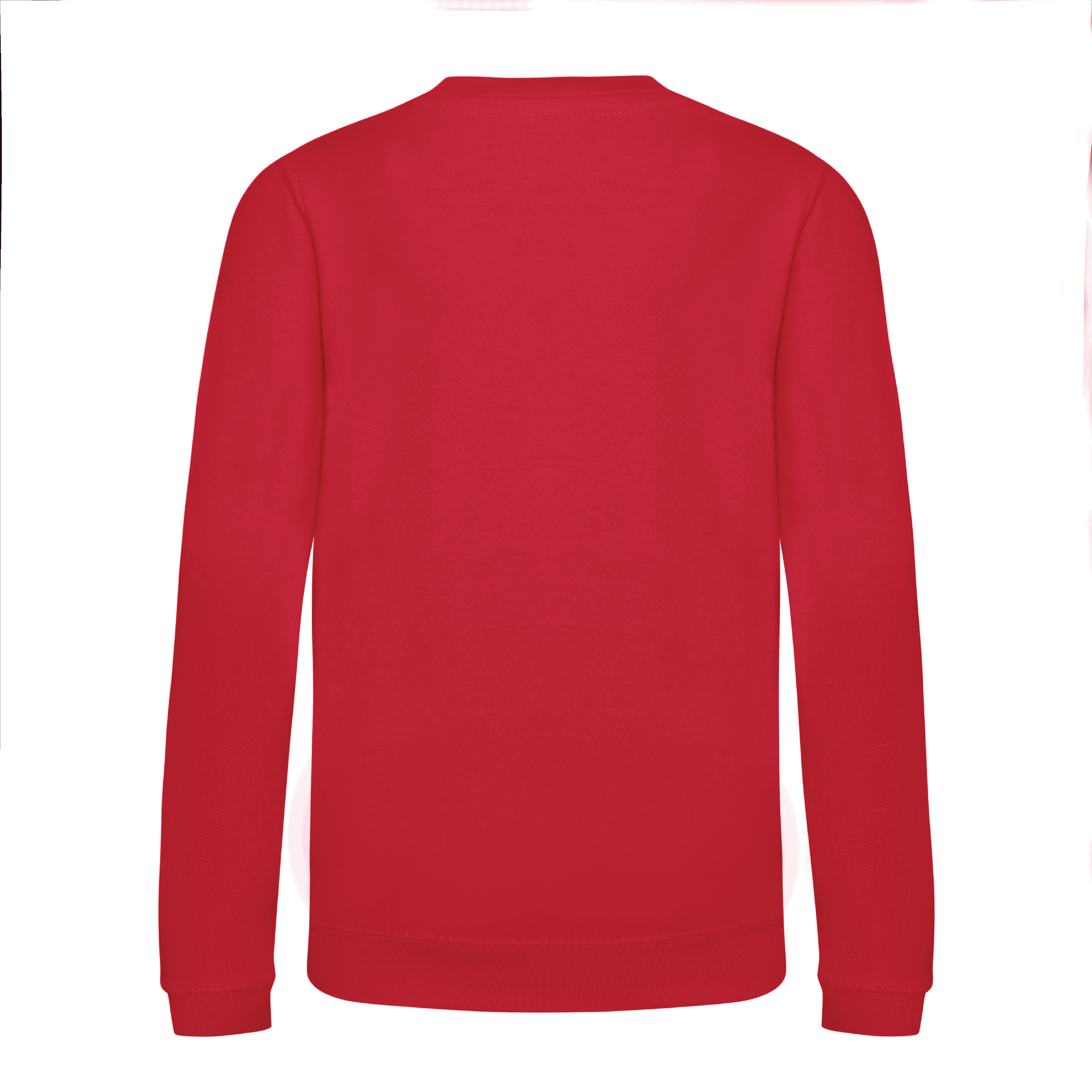 Back view of a red children’s Christmas sweatshirt by Fefus Designs, showcasing a plain back with soft cotton-faced fabric and ribbed detailing at the collar, cuffs, and hem for a cosy fit. The ideal festive piece to complement the illustrated front design.