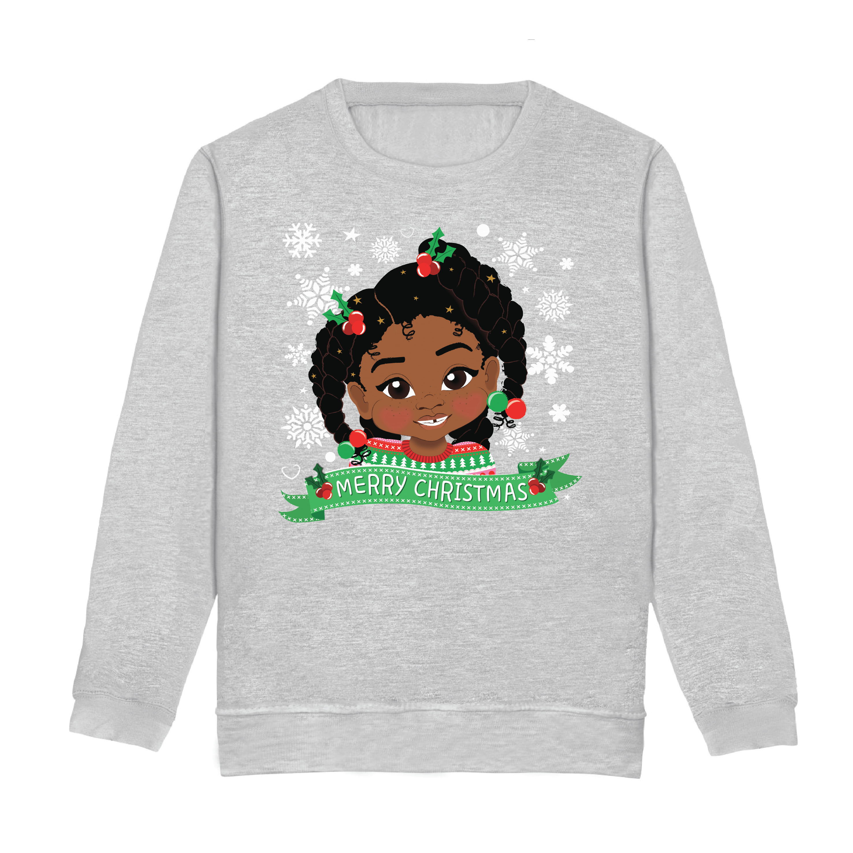 Front view of an ash grey children’s Christmas sweatshirt by Fefus Designs, showcasing an illustration of a Black girl with big afro twists adorned with holly bubble decorations. Crafted from cosy, soft cotton fabric with ribbed details, this sweatshirt embodies inclusivity and warmth for the holiday season.