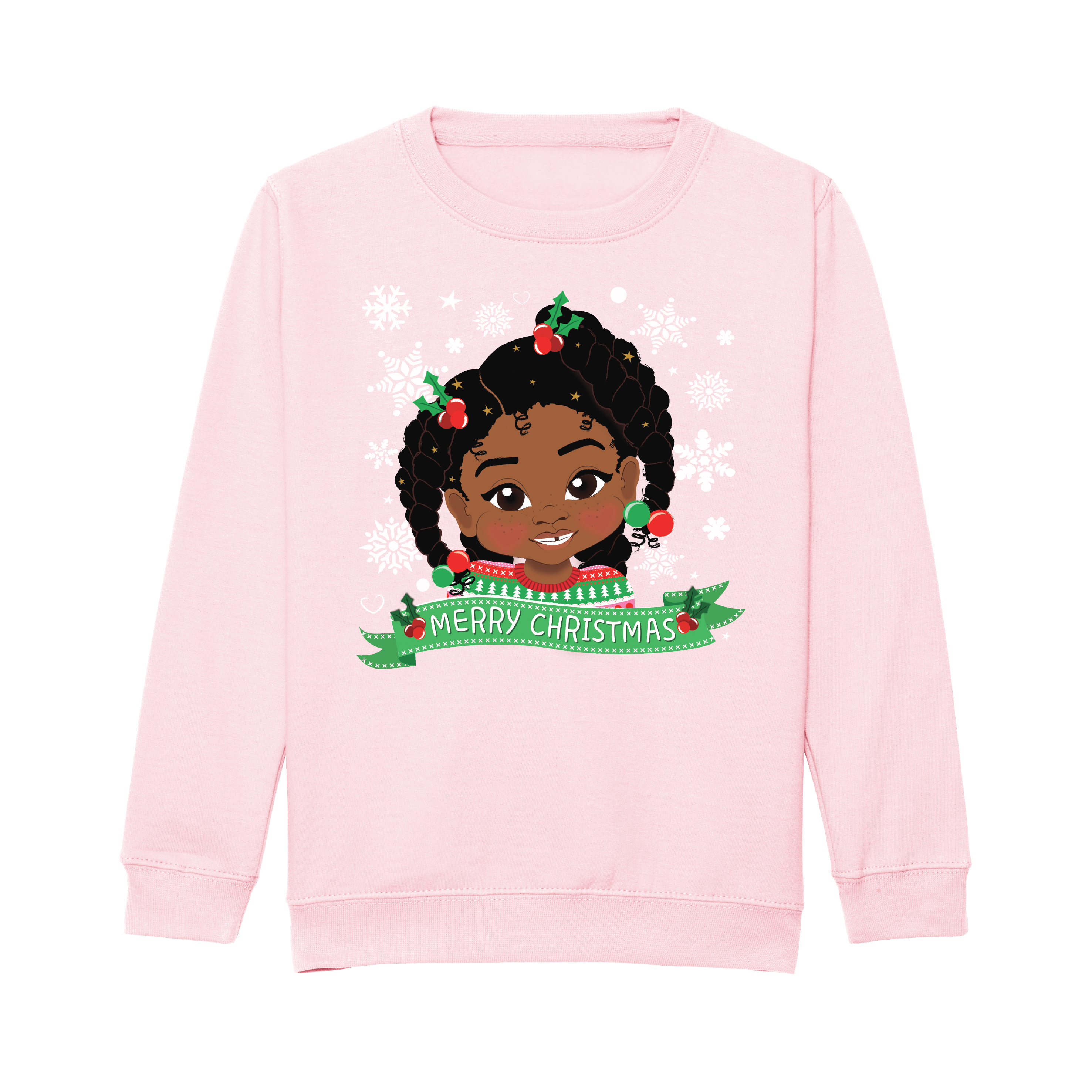 Front view of a pink children’s Christmas sweatshirt by Fefus Designs, featuring an illustrated Black girl with big afro twists decorated with holly bubbles for a festive look. Made from soft cotton fabric with ribbed collar, cuffs, and hem, promoting Black girl magic and celebrating diversity.