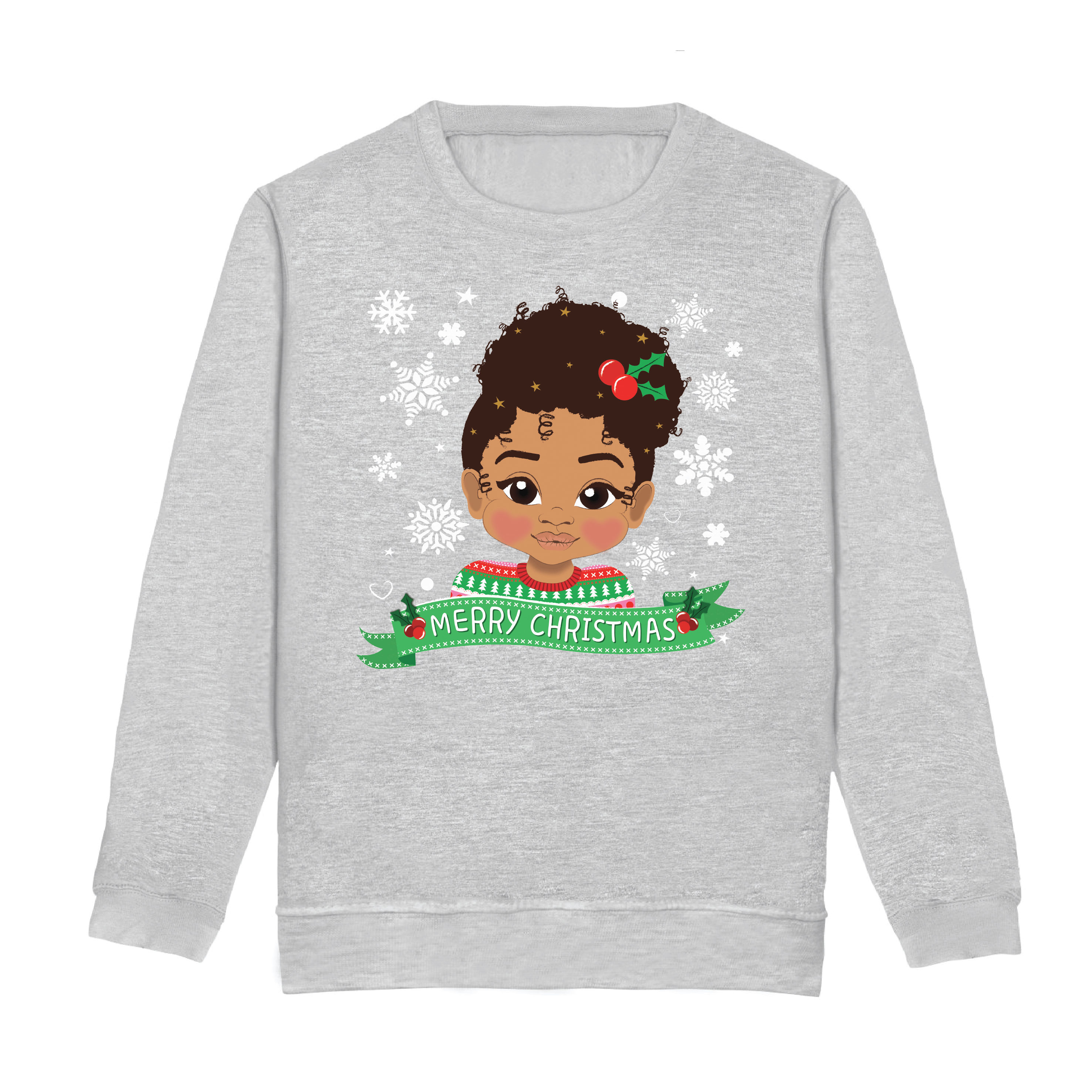 Front view of an ash grey children’s Christmas sweatshirt by Fefus Designs, featuring a Mixed Race girl with an Afro Puff and holly hair decoration. Soft and comfortable, crafted for warmth and celebrating mixed girl magic.