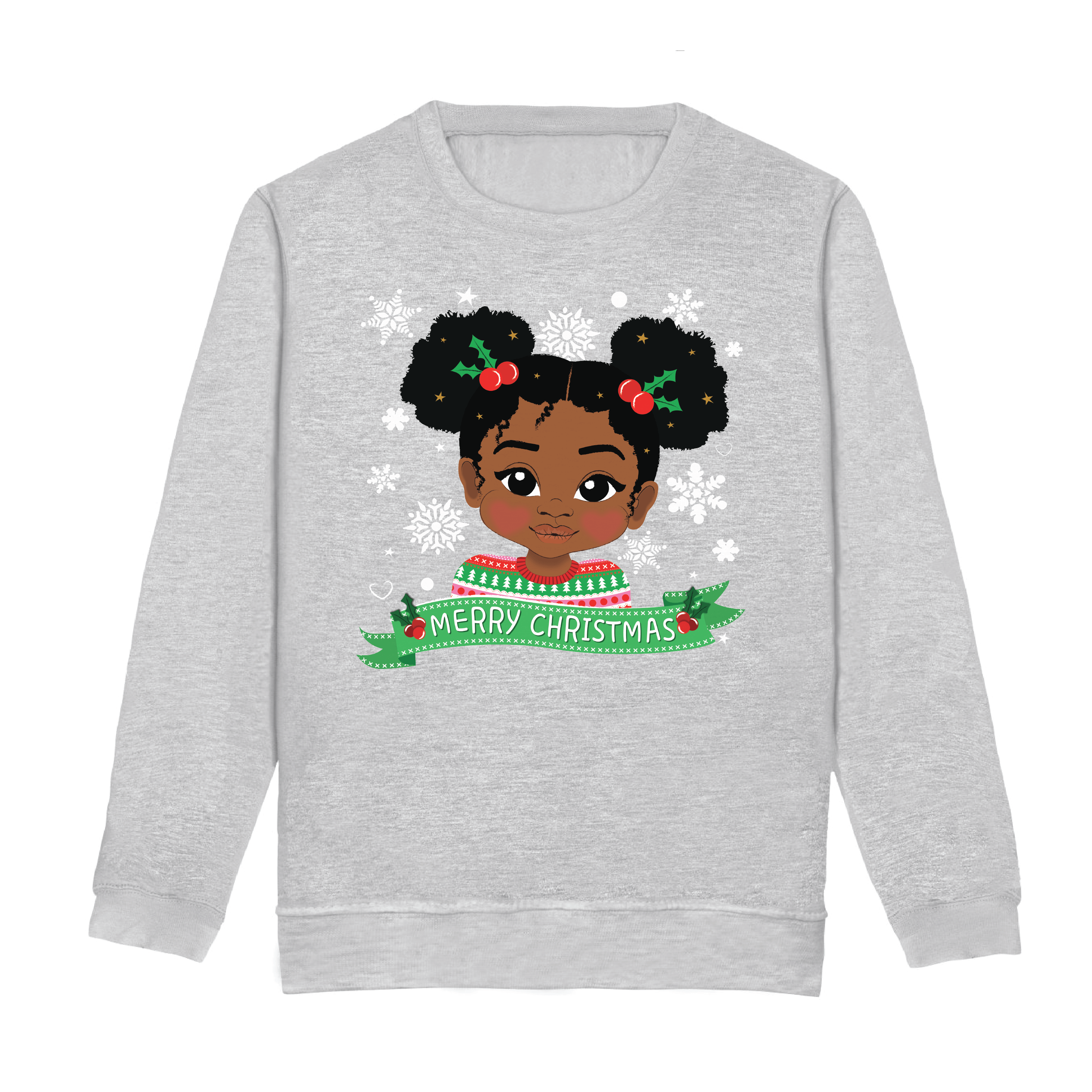 Front view of an ash grey children’s Christmas sweatshirt by Fefus Designs, featuring a Black girl with Afro Puffs and a festive holly hair bubble. Soft and comfortable cotton with ribbed edges, ideal for the holiday season and celebrating diversity.