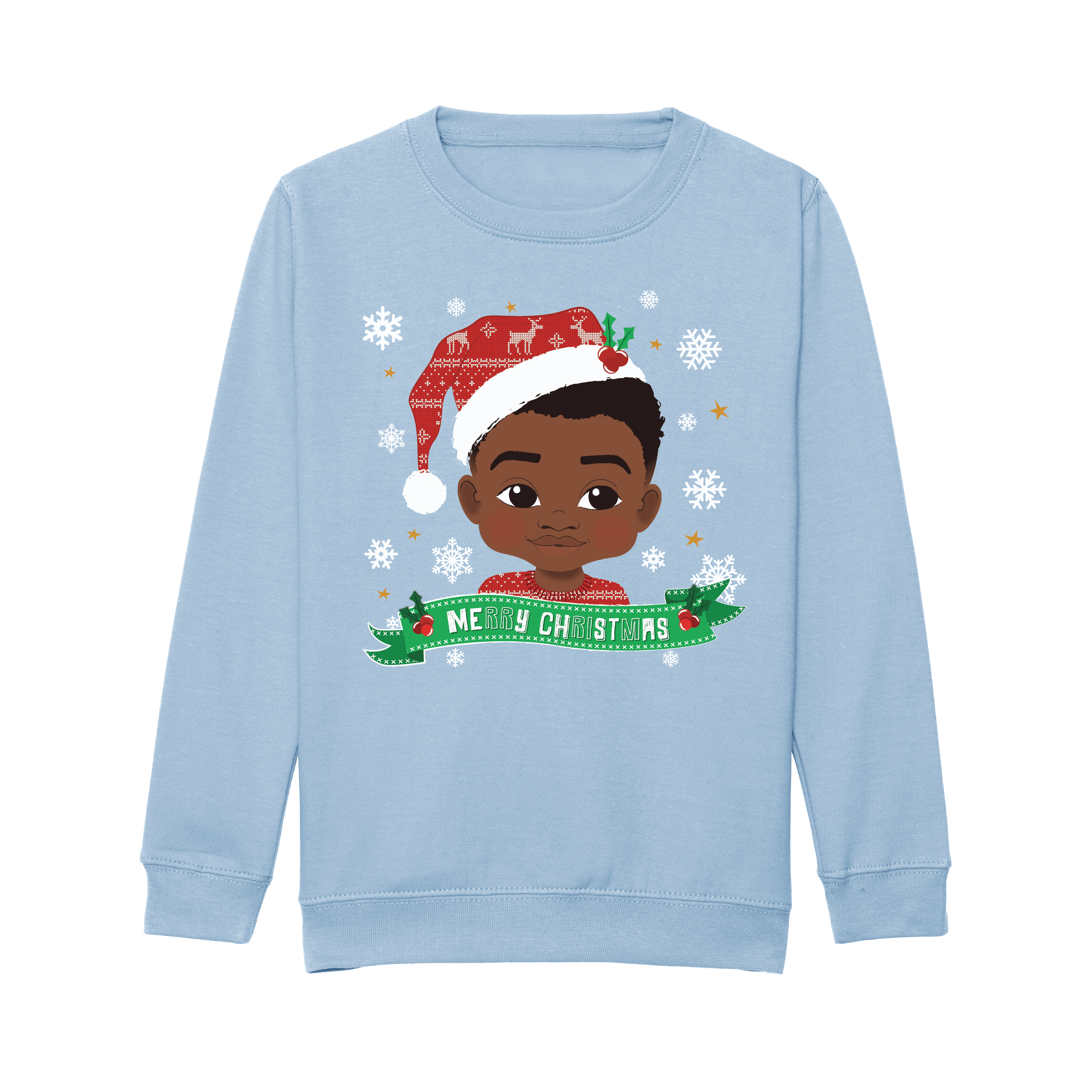 Front view of a blue Christmas sweatshirt by Fefus Designs, showcasing a Black boy with a Santa hat and holly decoration. Cosy cotton fabric with ribbed details, ideal for holiday festivities and promoting inclusivity.