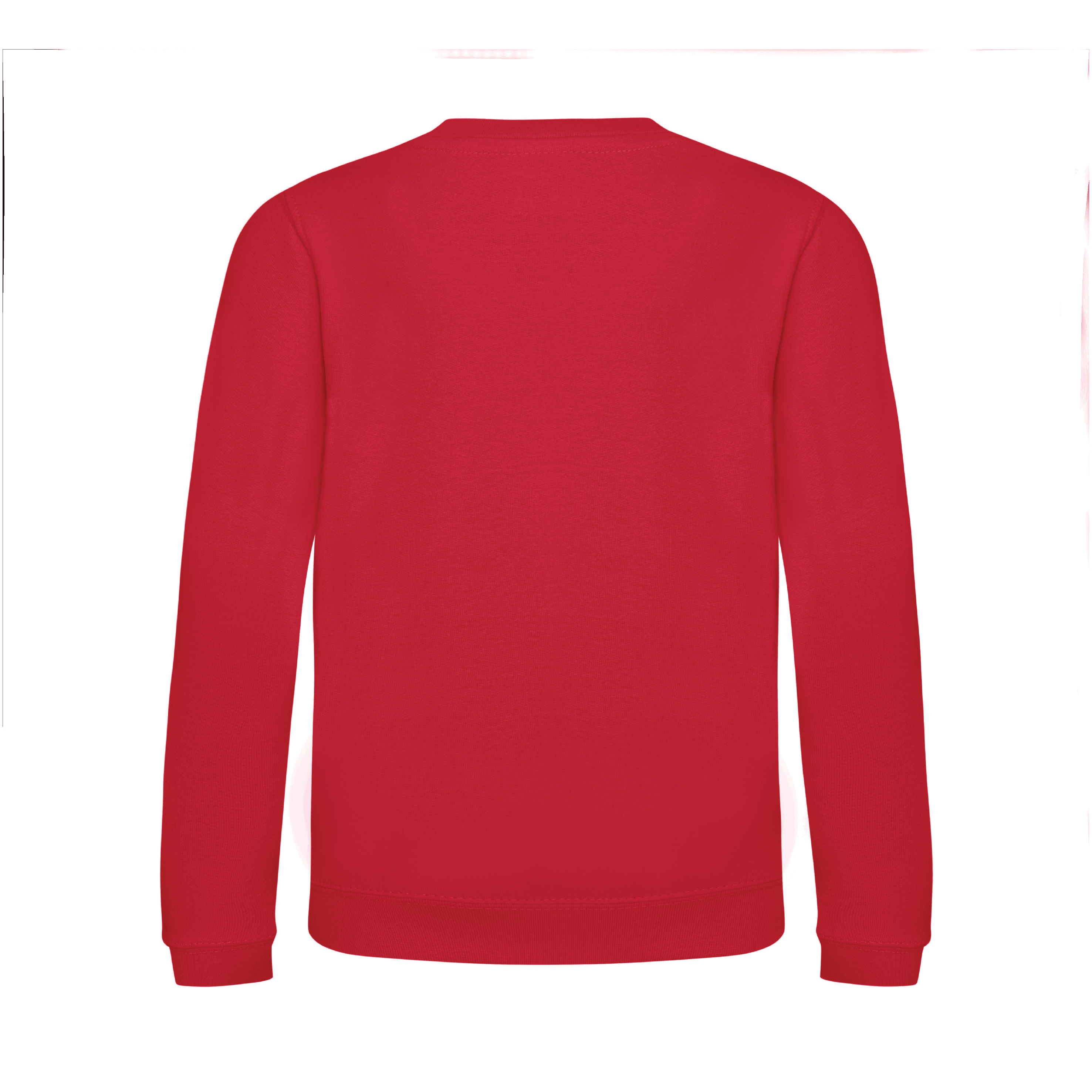 Back view of a red children’s Christmas sweatshirt by Fefus Designs in a plain colour, featuring soft, cosy cotton fabric with ribbed collar, cuffs, and hem, ideal for holiday layering