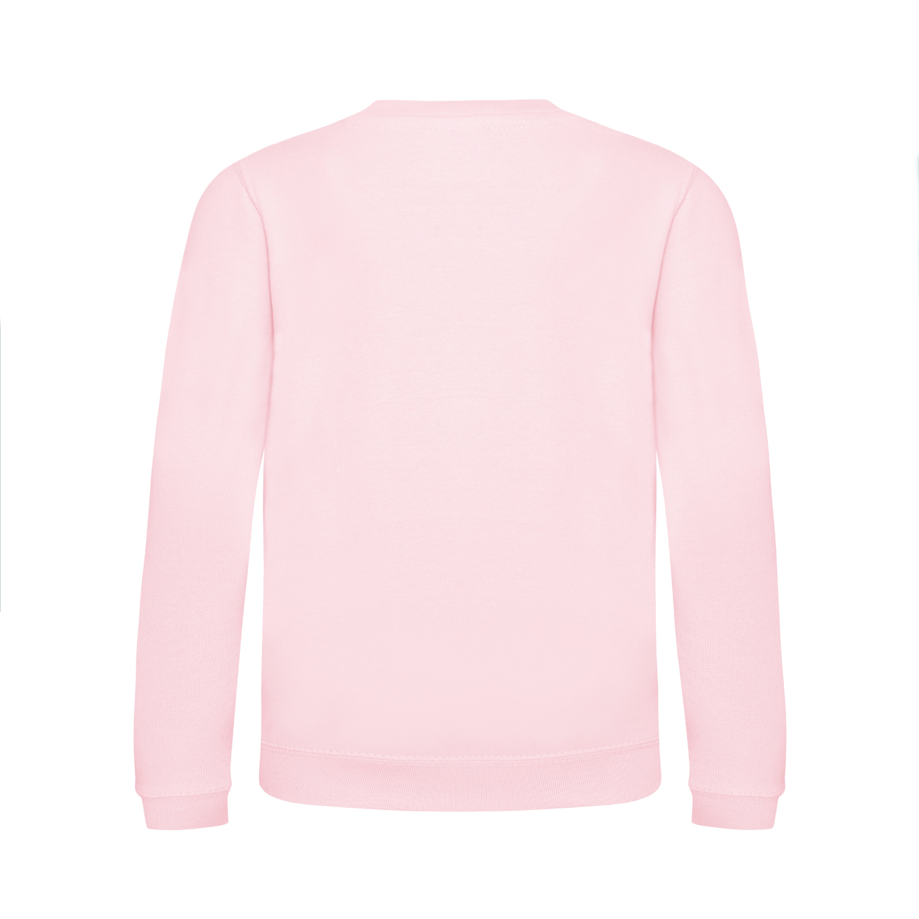 Back view of a pink children’s Christmas sweatshirt by Fefus Designs in a plain colour, featuring soft, cosy cotton fabric with ribbed collar, cuffs, and hem, ideal for holiday layering