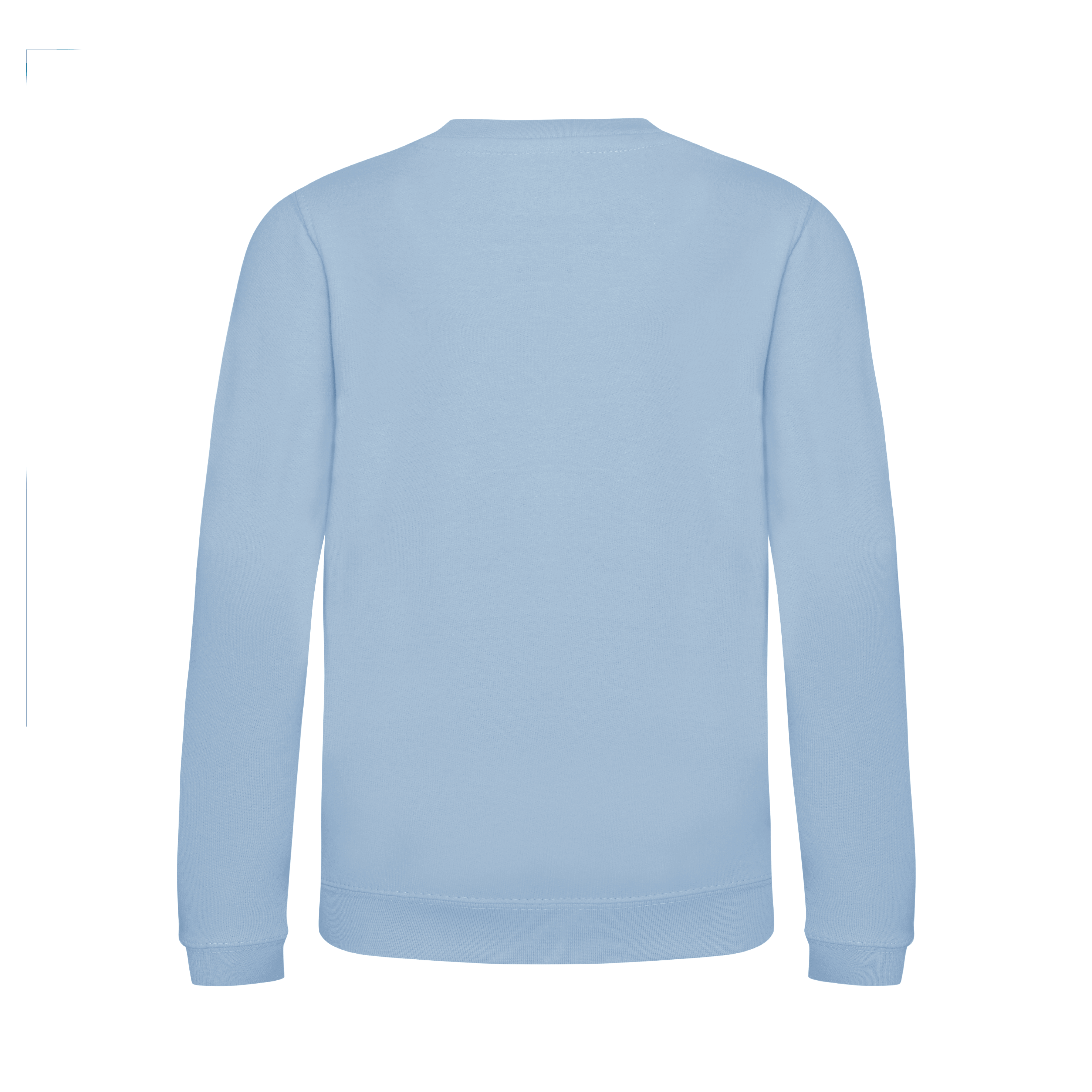 Back view of a blue children’s Christmas sweatshirt by Fefus Designs in a plain colour, featuring soft, cosy cotton fabric with ribbed collar, cuffs, and hem, ideal for holiday layering