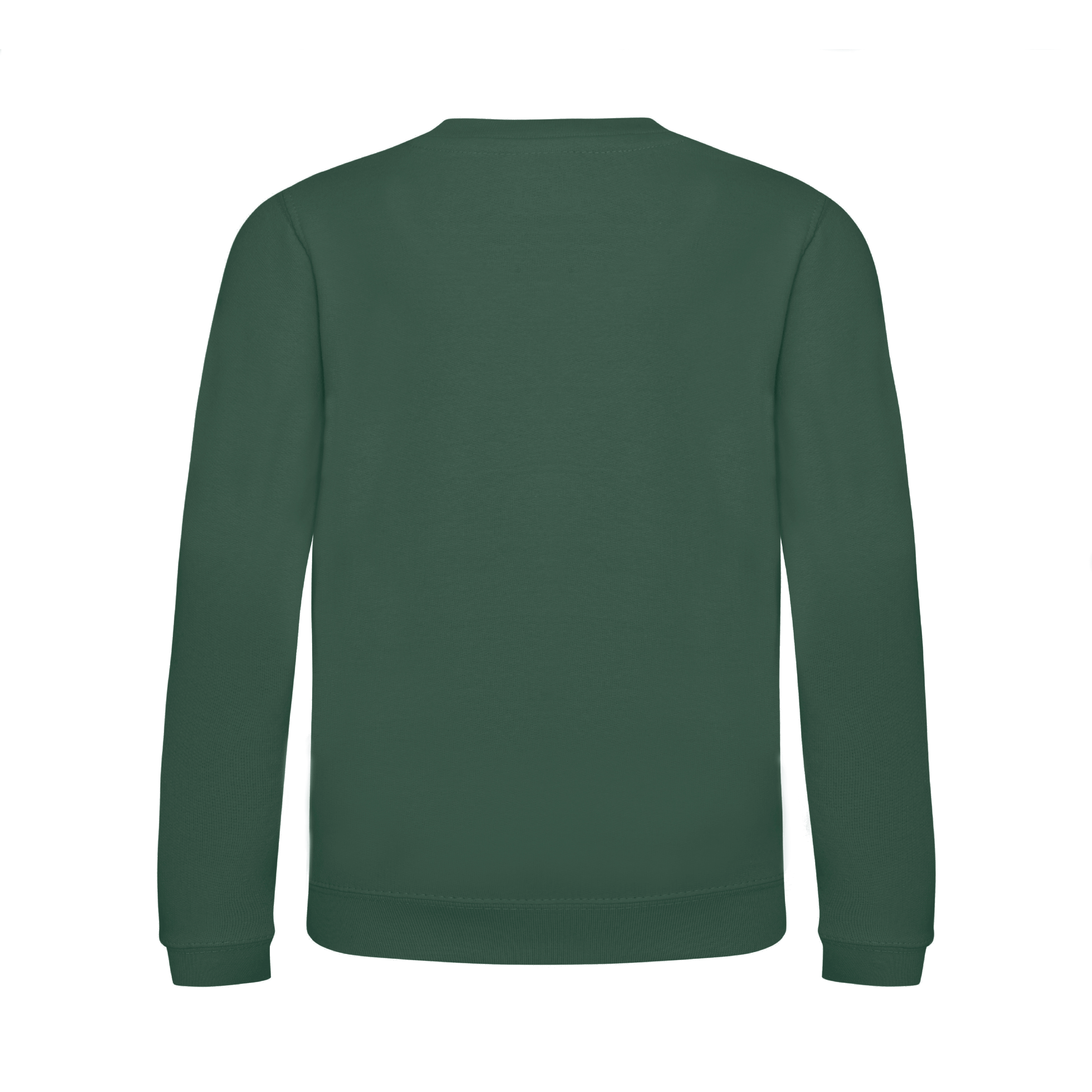 Back view of a green children’s Christmas sweatshirt by Fefus Designs in a plain colour, featuring soft, cosy cotton fabric with ribbed collar, cuffs, and hem, ideal for holiday layering