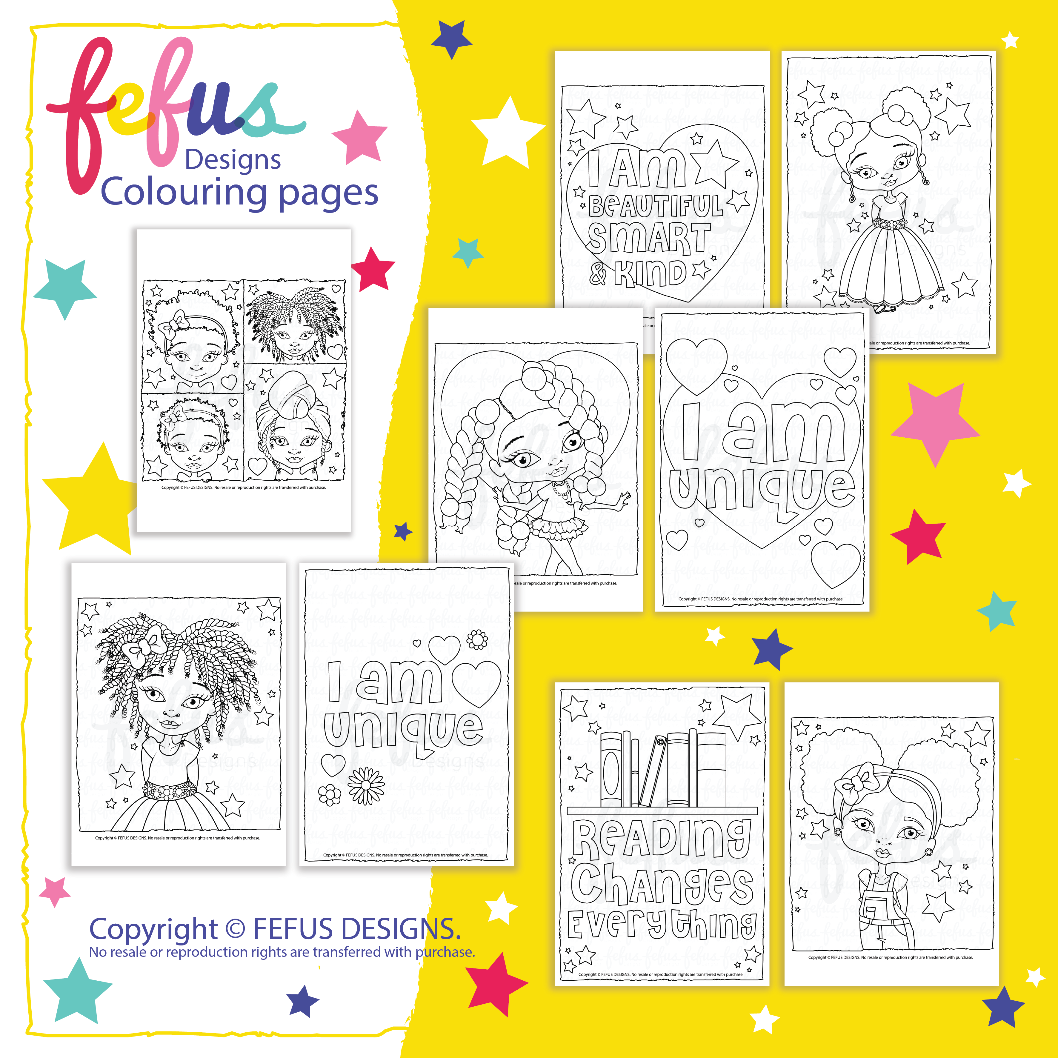 Uplifting and Creative Colouring Pack for Girls – A preview of the Empowering Girls' Colouring Pages, showcasing confidence-boosting designs that celebrate self-love, diversity, and cultural pride.