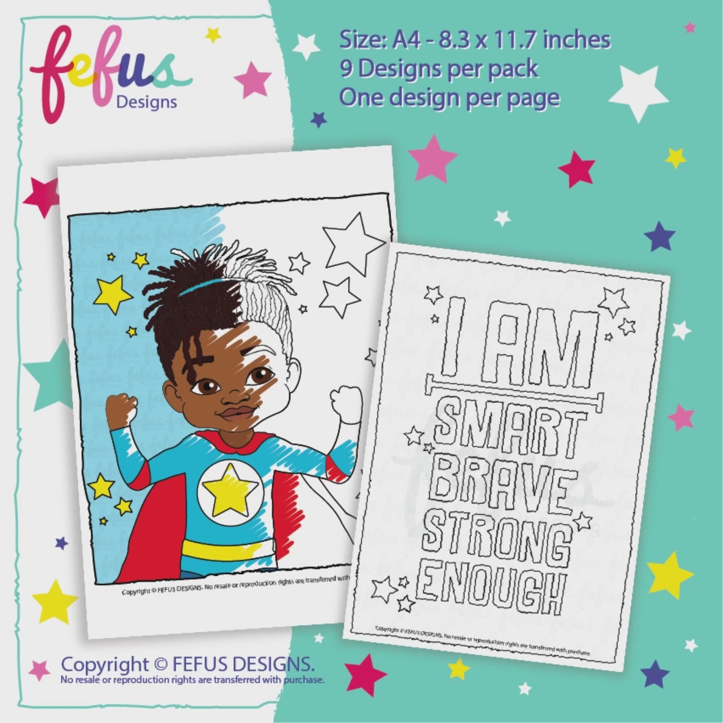 Uplifting and Creative Colouring Pack for Boys – A preview of the Empowering Boys' Colouring Pages, celebrating self-esteem, diversity, and cultural pride through engaging artwork.